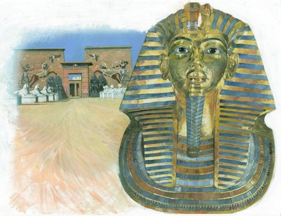 Egyptiläisen faarao Tutankhamonin muumion kultainen naamio, taustalla muinaisegyptiläinen temppelikompleksi. tekijältä Ivan Lapper