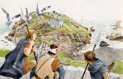 Tintagelin linna vuonna 1230 jKr. (vesiväri paperille) tekijältä Ivan Lapper