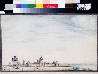 Näkymä Rostoviin, Kremliin. (Näkymä Rostovin Kremliin). Ivan Mikhaylovich Belogonov (1800-1871) maalaus. Akvarelli ja muste paperille tekijältä Ivan Mikhaylovich Belogonov