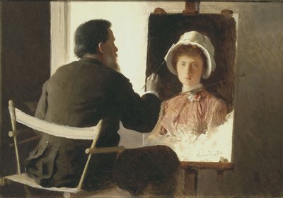 Kramskoy maalaa muotokuvan tyttärestään, 1884 tekijältä Ivan Nikolaevich Kramskoy