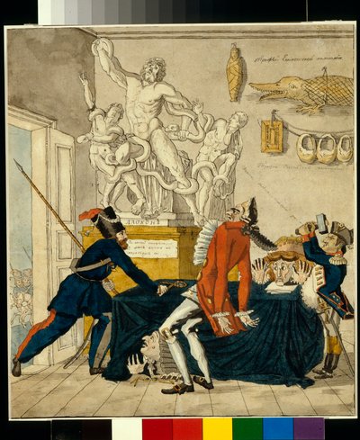 Napoleon Bonaparte (1769-1821) myy varastettuja tavaroita, muun muassa Laocoön-ryhmää - Ivan Ivanovich Terebenevin (1780-1815) karikatyyri, mustetta ja akvarelleja paperille tekijältä Ivan Nikolayevich Terebenev