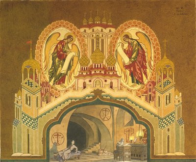 Chudov luostari. Lavastus M. Musorgskin Boris Godunov-oopperaan, 1930 tekijältä Ivan Yakovlevich Bilibin