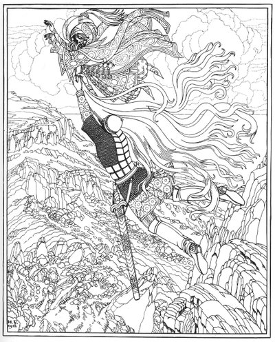 Chernomorin ja Ruslanin lento. Kuvitus A. Pushkinin runoon Ruslan ja Ljudmila, 1918 tekijältä Ivan Yakovlevich Bilibin