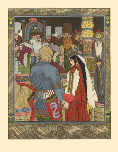 Kuvitus satulle Ivan Tsarevitšista, tulilintu ja harmaa susi, 1902 tekijältä Ivan Yakovlevich Bilibin