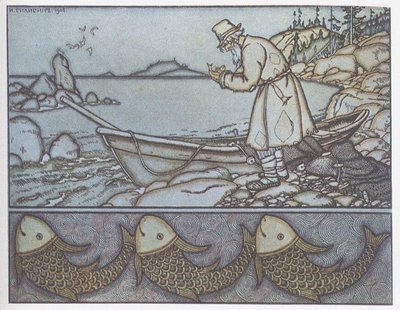 Kuvitus Tarinaan kalastajasta ja kalasta tekijältä Ivan Yakovlevich Bilibin