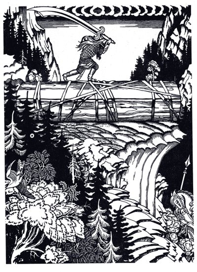 Ilja Muromets ja Svjatogor, 1934 tekijältä Ivan Yakovlevich Bilibin