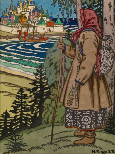 Talonpoikatyttö. Kuvitus kirjaan Contes de lIsba, 1931 tekijältä Ivan Yakovlevich Bilibin