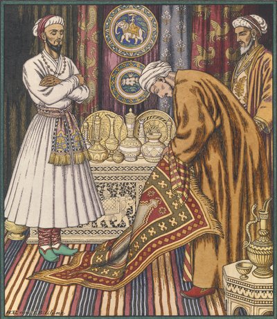 Prinssi Ali ostaa maton. Kuvitus Arabian Fairy Talesille tekijältä Ivan Yakovlevich Bilibin