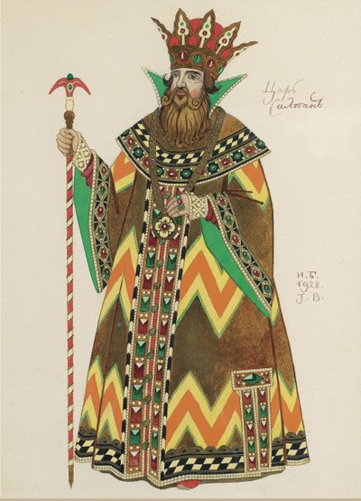 Tsaari Saltan. Pukusuunnittelu N. Rimski-Korsakovin oopperaan Tarina tsaari Saltanista, 1928 tekijältä Ivan Yakovlevich Bilibin