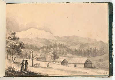Vuoristomaisema, jossa on ihmisiä ja taloja tekijältä Johan Christian Dahl