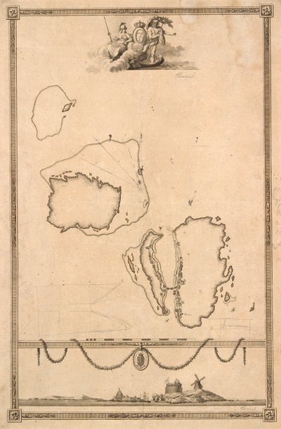 Titelvignet og prospekt til kort over Christiansø tekijältä J.F. Clemens