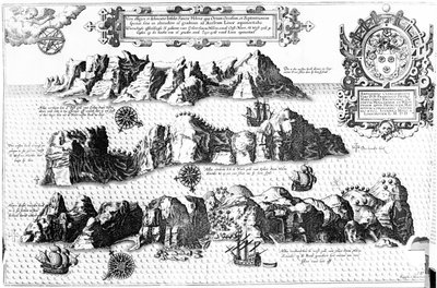 Pyhän Helenan saari, kuvitus Linschoten Itinerariosta, 1596 tekijältä J.H. van Linschoten