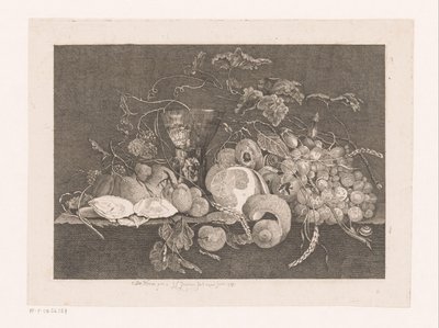 Asetelma hedelmien ja ostereiden kanssa Galerie des peintres flamands, hollandais et allemands de Le Brun (sarjan nimi) tekijältä J.L.L.C. Zentner