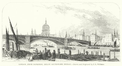 Lontoo, Banksidesta, Southwark Bridgen alapuolella (kaiverrus) tekijältä J.L. (after) Williams