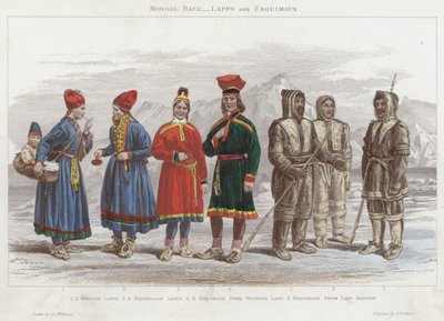 Mongol Race, Lappit ja Esquimaux (värikaiverrus) tekijältä J.L. (after) Williams