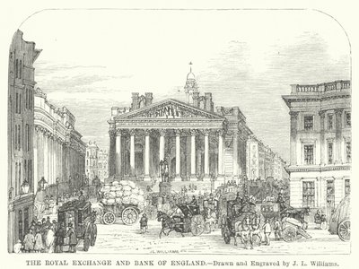 Royal Exchange ja Bank of England (kaiverrus) tekijältä J.L. (after) Williams