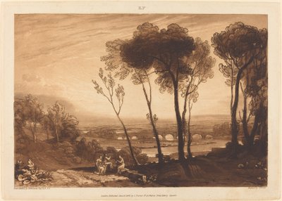 The Bridge in Middle Distance, julkaistu 1808. tekijältä Joseph Mallord William Turner