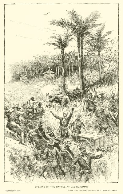 Taistelun avaus Las Guasimasissa (litho) tekijältä J. (after) Steeple Davis