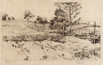 Maisema (peltojen luonnos) tekijältä J. Alden Weir