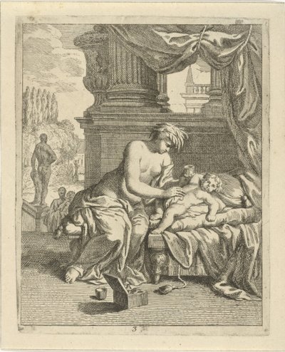 Thetis voitelee Akhilleuksen ambrosialla Kohtauksia Akhilleuksen elämästä (sarjan nimi) Vitam et mortem achilli (sarjan nimi) tekijältä J. Alexander Janssens