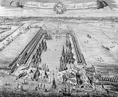 Howland Great Dock, lähellä Deptfordia, n. 1715-20 tekijältä J. Badslade