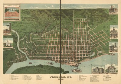 Lintuperspektiivistä Paducah, Kentucky 1889. tekijältä J. Blanton; Krebs Lithographing Company Postlethwaite