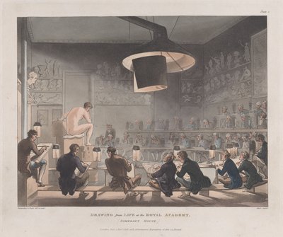Piirros elämästä Royal Academyssa, Somerset House, 1. tammikuuta 1808, 1. tammikuuta 1808. tekijältä J. Bluck
