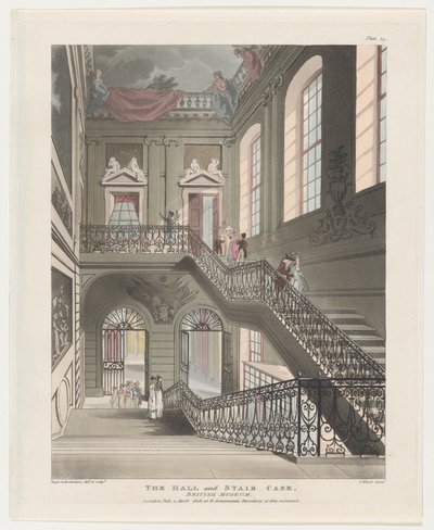 The Hall and Stair Case, British Museum, 1. huhtikuuta 1808, 1. huhtikuuta 1808. tekijältä J. Bluck
