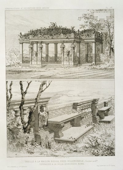 Cordierin suunnittelema La Maison Rougen pergola lähellä Villemomblea ja Villa Borghesen terassi, Rooma, n. 1880 tekijältä J. Boussard