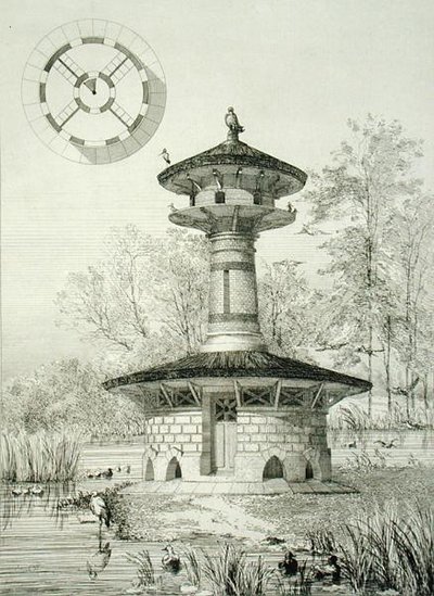 Shelter for Waterfowl at Poissy, julkaisusta "Constructions et Decorations pour Jardins", julkaistu n. 1880 (kaiverrus) tekijältä J. Boussard