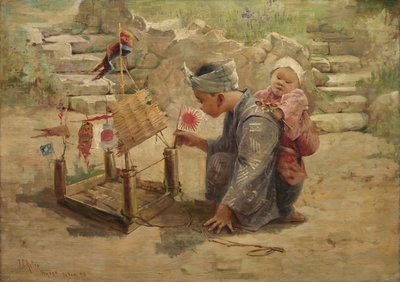 Japanilainen poika rakentamassa sodan miestä, 1895. tekijältä J. C. Arter.