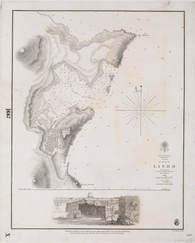Archipeligo, Rodos I., Port Lindo, jonka kartoitti kapteeni Thomas Graves, HMS "Beacon" 1842. tekijältä J. & C. Walker