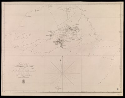 Seychelle-saarten merikartta, jonka ovat laatineet H.M. Leven- ja Barracouta-alusten upseerit kapteeni W.F.W. Owen R.N:n johdolla. 1825 tekijältä J. & C. Walker