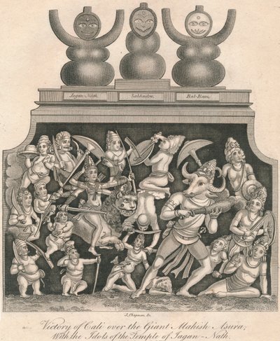 Calin voitto jättiläisestä Mahishasurasta, Jagannathin temppelin epäjumalien kanssa, 1809. tekijältä J. Chapman