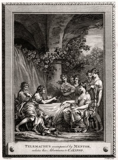Telemachus Mentorin kanssa kertoo seikkailuistaan Calypsosta, 1774 tekijältä J. Collyer