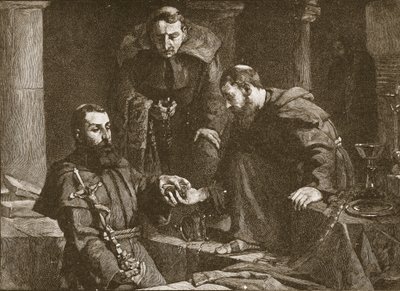 Aarteen piilottaminen luostarin tukahduttamisen yhteydessä, kuvitus Englannin kirkosta: Kansan historia, H.D.M. Spence-Jones, pubi. n. 1910 litho seepia valokuva tekijältä J. Cooke