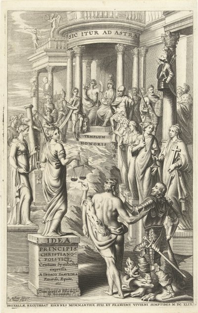 Herkules johdattaa ihmisen hyveiden personifikaatioiden ohi ikuisen kuuluisuuden temppeliin Nimisivu: Idea principis christiano-politica, Centum Symbolis expressa, Bryssel 1649 (otsikko esineessä) tekijältä J. Danoot