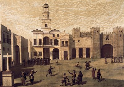 Näkymä San Juan de Dios -aukiolle (Jumalan Pyhä Johannes) ja Cádizin kaupungintalolle vuodelta 1596. J. Garcian maalaus (16.). Öljy kankaalle tekijältä J. Garcia