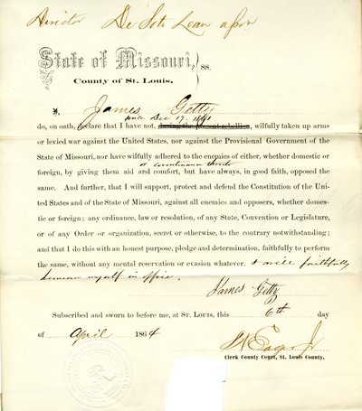 James Gettin uskollisuusvala Missourista, St.Louisin kreivikunta tekijältä J. Getty