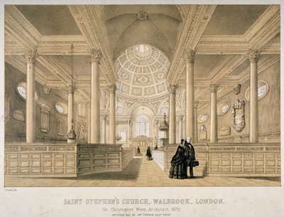 Sisäkuva itään, St Stephen Walbrookin kirkko, Lontoon kaupunki, 1851 tekijältä J Graf