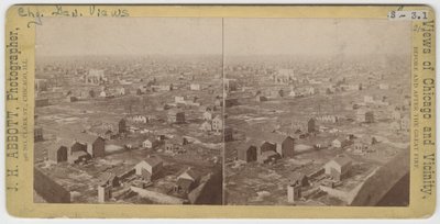 Stereografia kuvasta vesitornista luoteeseen Chicagon palon jälkeen 1871, 1871 (bw-kuva korttitelineessä) tekijältä J. H. Abbott