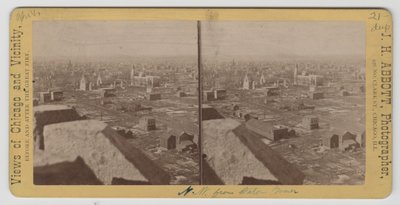 Stereografia näkymä vesitornista luoteeseen Chicagon vuoden 1871 palon jälkeen tekijältä J. H. Abbott