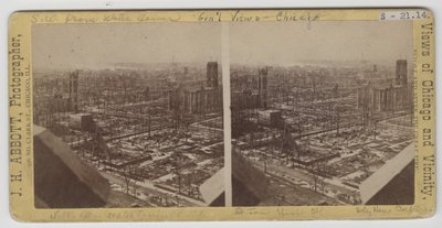 Stereografia näkymä vesitornista lounaaseen Chicagon vuoden 1871 palon jälkeen tekijältä J. H. Abbott