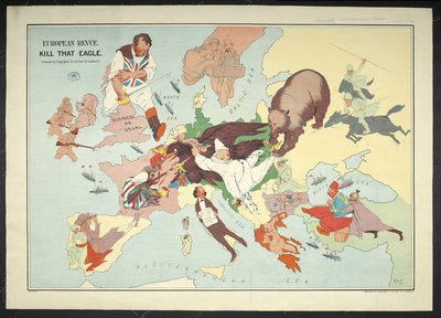 Euroopan sota-alueen sarjakuvakartta nimeltä "European Revue Kill that Eagle" tekijältä J. H. Amschewitz