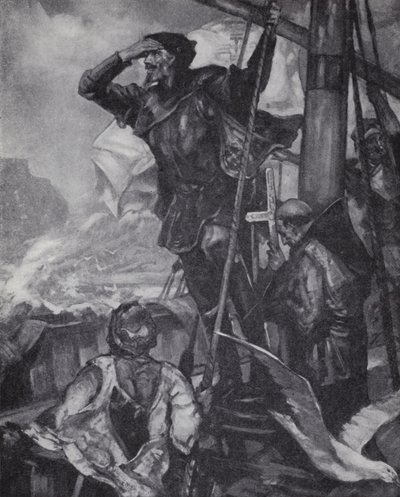Portugalilainen tutkimusmatkailija Vasco da Gama havaitsee Hyvän toivon niemimaan matkallaan Intiaan. tekijältä J. H. Amschewitz