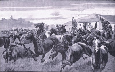 Buurit hyökkäämässä Braamfonteinin Remount Depot -varikolle, teoksesta After Pretoria: The Guerilla War, jonka on julkaissut Harmsworth Bros Limited, 1901. tekijältä J. H. Thornely