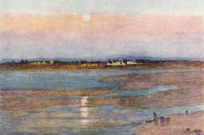 Moonrise at Sunset, La Croix Blanche, Mont St Michel (väri litho) tekijältä J. Hardwicke Lewis