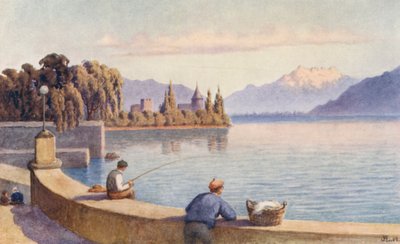 Dents du Midi ja La Tour elokuvasta "Entre deux Villes" (värilitografia). tekijältä J. Hardwicke Lewis