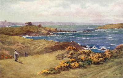 Golflinkit St Lunairen ja St Briacin välillä, St Cast in the Distance (väri litho) tekijältä J. Hardwicke Lewis