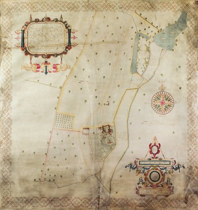 Kartta Shifnalin kartanosta, Shropshire, 1635 (muste ja väri vellum) tekijältä J. Harrison